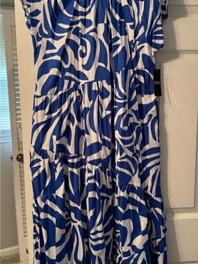 MSK White and Blue Abstract Printed Tiered Maxi Dress